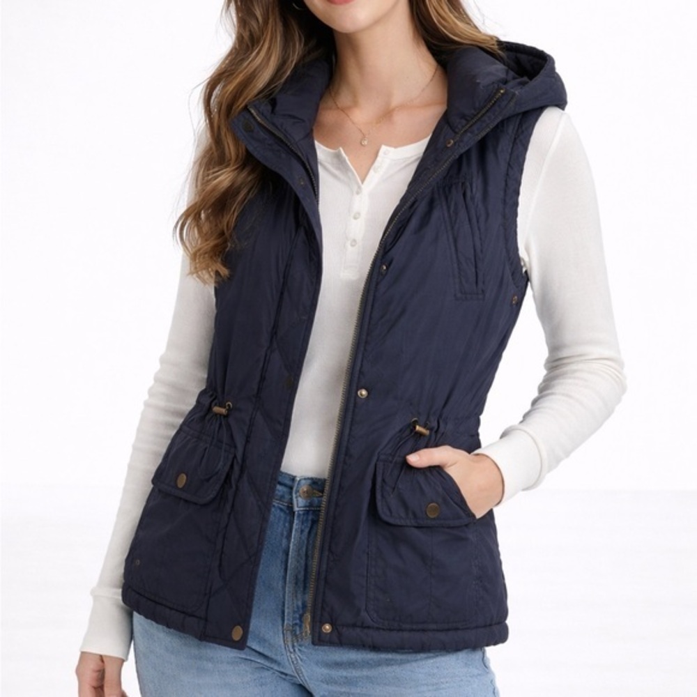 ❤️Valerie Stevens Navy Deep Blue Quilted Puffer Vest Hooded Preppy Classic Sz S